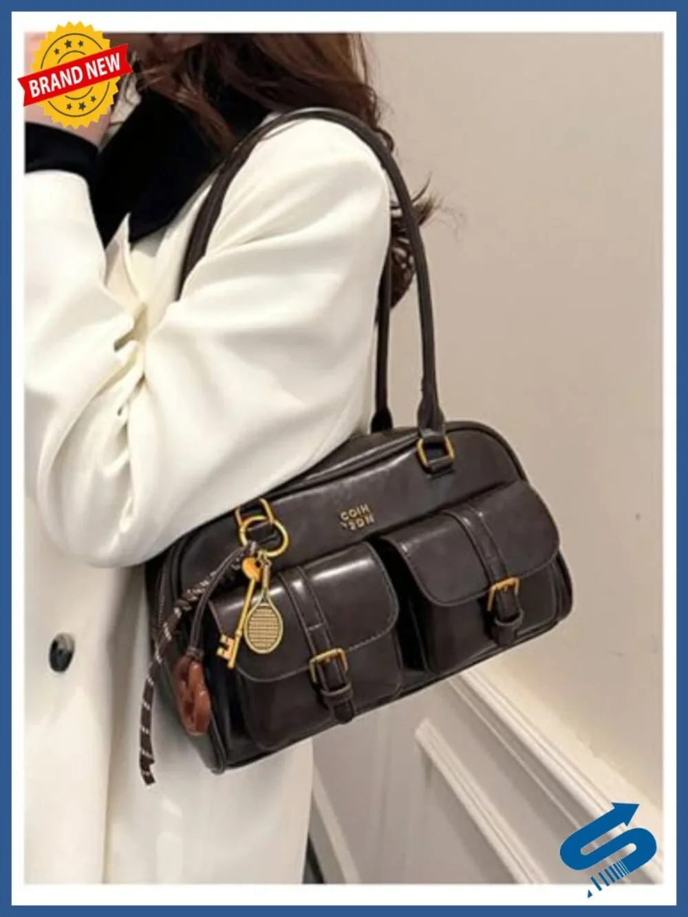 PU Leather Hobo Shoulder Bag Multi-Pocket Tote with Zipper
